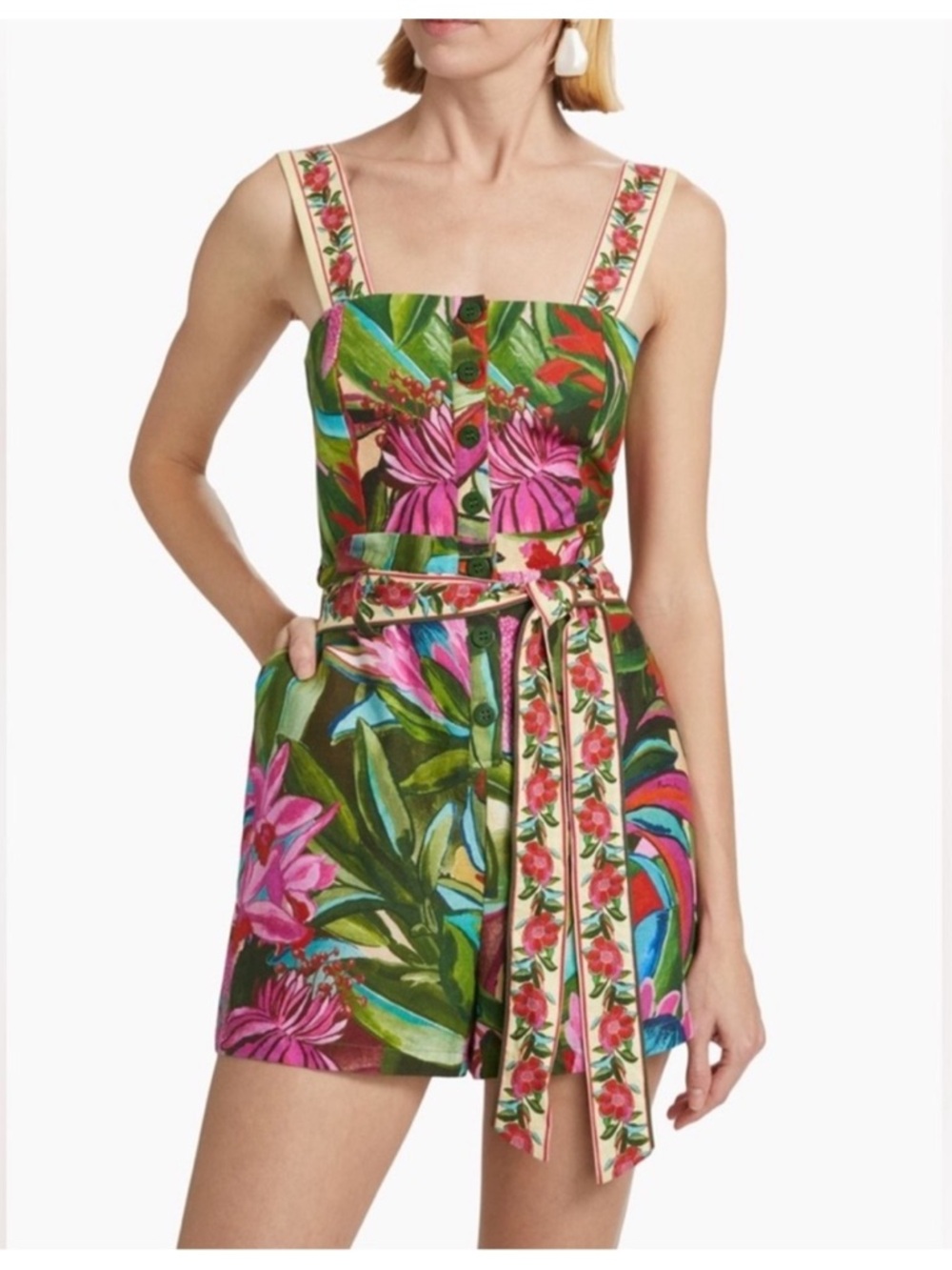FARM Rio Jardin de Reve Floral Print Linen Romper, NWT